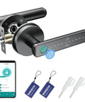 Smart Fingerprint Door Lock With 5 Ways To Unlock, Anti Peep Code, Adjustable Auto Lock, Inside Lock, Keyless Entry set in black.