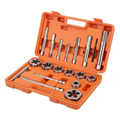 7/16 20 UNF Left Hand Tap And Die Set, High Speed Steel Machinist Grade Reverse Thread Repair Kit in orange case, ready for use.