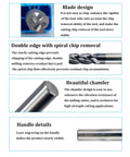 Five 4mm carbide end mills set with four-flute cutters; close-up blade, spiral flute cutter, and laser-engraved handle.