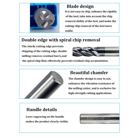 Five 4mm carbide end mills set with four-flute cutters; close-up blade, spiral flute cutter, and laser-engraved handle.