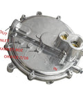 Natural gas regulator, angled top view, silver metal, Impco-style with IN/OUT ports