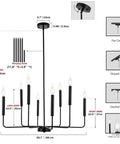 Diagram of 8-Light Modern Black Farmhouse Chandelier With Industrial Metal Arms And Candle-Style Cups, showing dimensions and features.