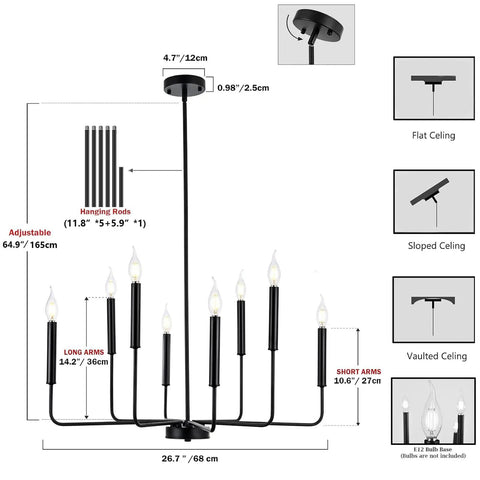 Diagram of 8-Light Modern Black Farmhouse Chandelier With Industrial Metal Arms And Candle-Style Cups, showing dimensions and features.