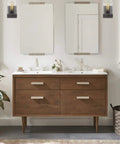 Bathroom vanity with 2 pack oil rubbed bronze wall lights with clear seeded glass, mid century modern vibe interior wall sconces