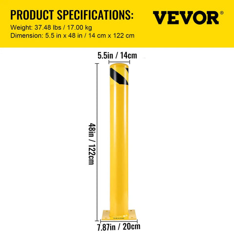 Tough As Nails 48 Inch Steel Safety Bollard Post In Bright Yellow Finish 5.5 Inch Diameter showing dimensions and specifications.