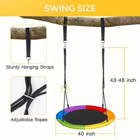 40 Inch Saucer Swing For Kids And Adults, Heavy Duty 700 Lbs Capacity, 900D Oxford Fabric, 360 Degree Spin Disc Swing With Hanging Straps, Reinforced Steel Frame, Perfect For Backyard Park Or Playground Fun hanging from tree, rope details