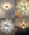 Slick Industrial Black Copper Moravian Star Ceiling Light 12 Inch With Clear Glass Shade illuminating various room settings.