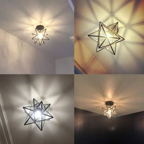 Slick Industrial Black Copper Moravian Star Ceiling Light 12 Inch With Clear Glass Shade illuminating various room settings.