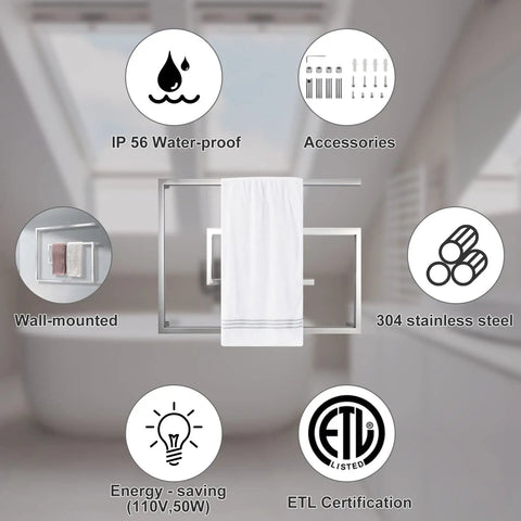 Infographic of Plug In Or Hardwired Heated Towel Rack With Timer For Bathroom Wall Mounted 304 Stainless Steel Towel Warmer