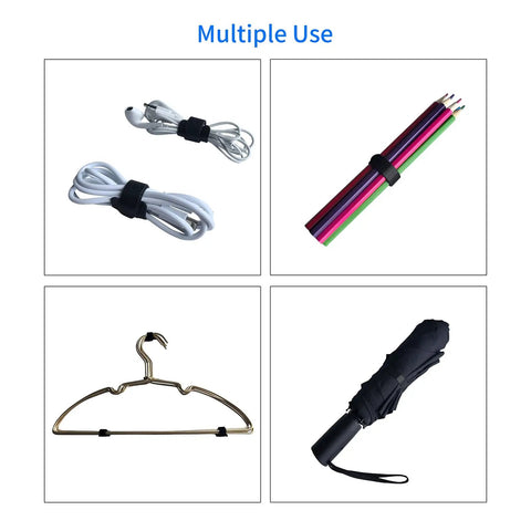 80 Piece 6 Inch Multi Color Reusable Cable Ties Cord Straps wrapping cords, pencils, hanger, and umbrella, shown in various uses.