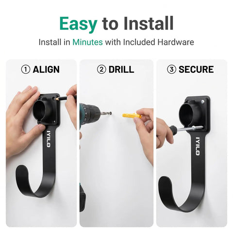 Heavy Duty EV Charger Wall Mount Bracket Compatible With SAE J1772 connectors installation steps using a drill and screwdriver.