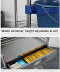 Beefy Stainless Steel Medical Cart On Wheels With 2 Tier Drawer, close-up of adjustable height waste container and drawer