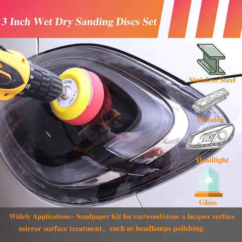 All In One 144Pc 3 Inch Sanding Disc Drill Polishing Kit with wet sandpaper on car headlight for restoration