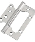 Door hinge, heavy-duty stainless steel, close-up showing four screw holes per leaf.
