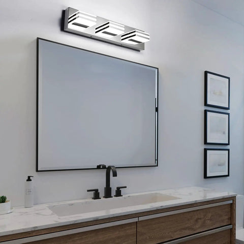 20 Inch LED Vanity Light Bar For Bathroom Over Mirror, 3 Light Chrome Fixture, 18W, 6000K Daylight LED Lighting in modern bathroom