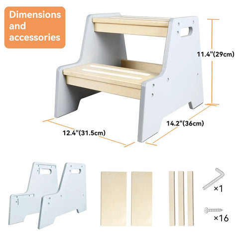 Rock Solid Wood Two Tier Step Stool For Kids Built Tough With Slip Secure Bottom Pads For Bathroom Sink And Kitchen Counter Toddler Ladder Kid Tested And Approved For Daily Use