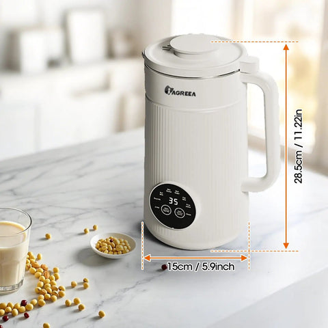 All In One Nut Milk Maker With 35 Oz Capacity, 10 Blades, One Touch Start, BPA Free on kitchen countertop with soybeans.