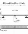 Technical diagram of Linear Shower Drain 24 Inch For Bathroom With Removable Cover Grid Grate Stainless Steel SUS304