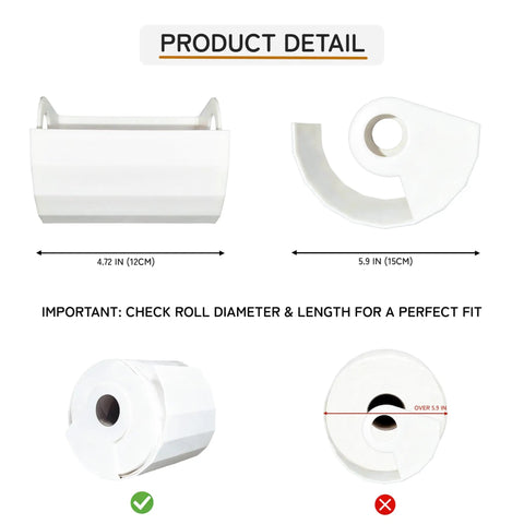Product detail of Pet Proof Toilet Paper Holder Cover fits mega and standard rolls, measuring 4.72 in and 5.9 in.