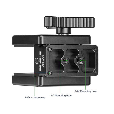Side view of the GS01 Arca Swiss Rifle Saddle Mount For Hunting Tripods With Quick Release Plate, showing mounting holes.