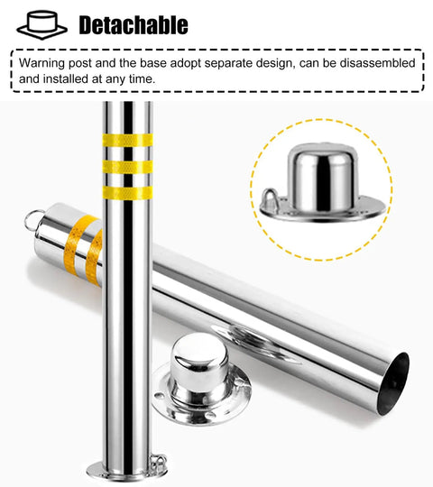 Tough As Nails 304 Stainless Steel Safety Bollard Post Concrete Floor Mounted Barrier Pole With Complete Install Kit Beater Proof Access Control Guard For Driveway And Parking Protection with detachable design and yellow stripes.
