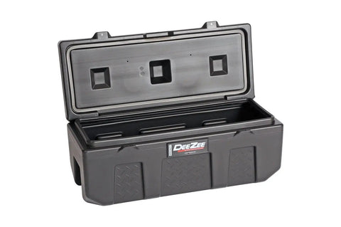 Beefy Poly Plastic Storage Chest With Double Wall Lid And Built In Cup Holders With Secure Locking Tabs For Truck Bed Hauling And Gear Stash Thirty Five Inch Organizer