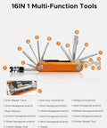 16 In 1 Bike Multi Tool Kit With Allen Wrenches And Screwdrivers for mountain bikes displayed with extended tools and components.