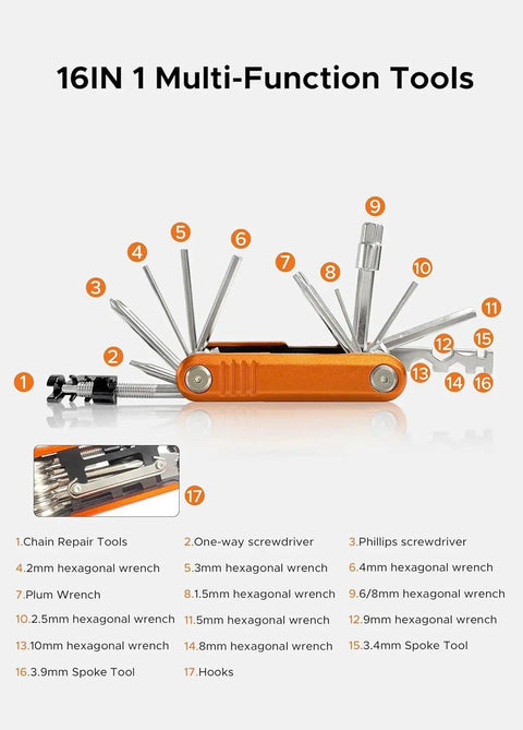 16 In 1 Bike Multi Tool Kit With Allen Wrenches And Screwdrivers for mountain bikes displayed with extended tools and components.