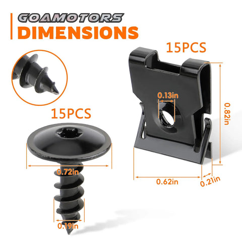 Dimensions of 30 Piece Fender Screw Bolt U Nut Kit With 15 U Nuts And 15 Screws For Bumper Cover Shield And Grille Spoiler