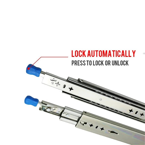 Heavy Duty Full Extension Drawer Slide With Lock Ball Bearing, Three-Fold Full Extension Glide, blue lock mechanism detail