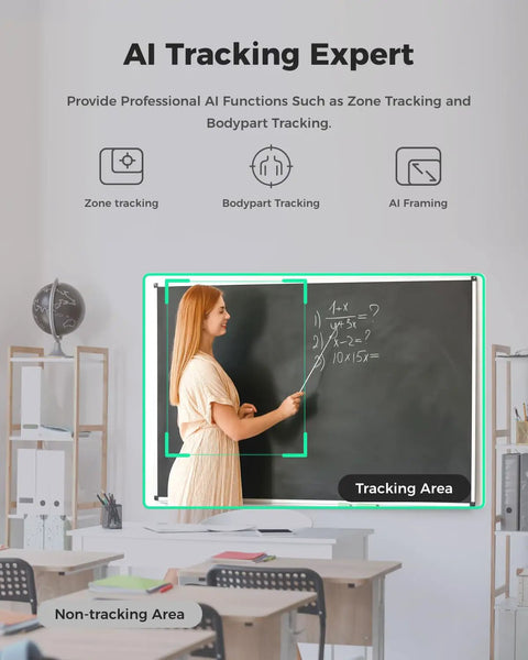 AI Tracking Expert demonstrating zone and bodypart tracking in a classroom setting with a blackboard.