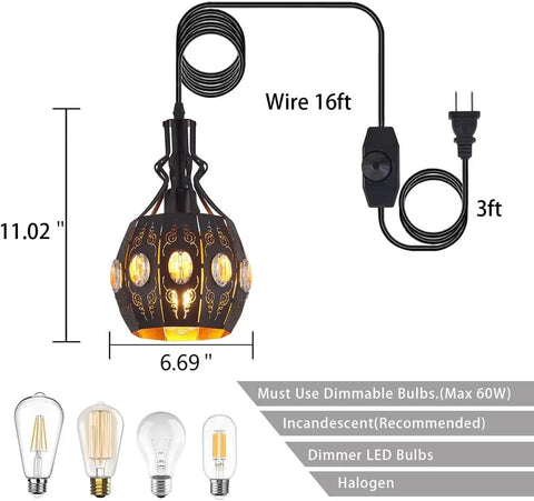 Plug In Pendant Lighting Swag Lamp In Black Iron With Adjustable Cord, 16ft wire, 6.69in wide lantern, LED-compatible