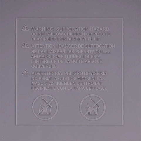 Warning label detail on airtight pet food storage container with scoop big 69 quart capacity BPA free FDA grade removable wheels gray