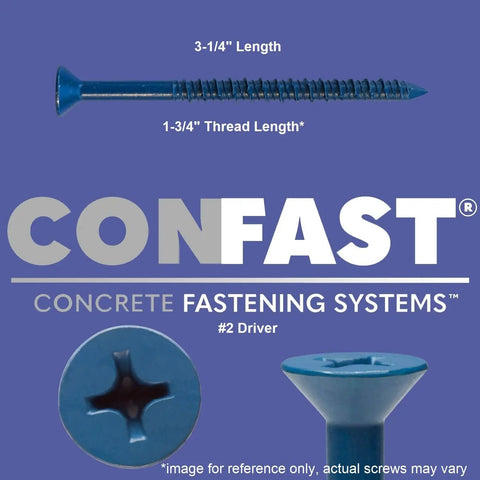 3/16 X 3-1/4 Inch Blue Flat Phillips Concrete Screw Anchor With Drill Bit, Self-Tapping Masonry Fastener, shown with close-up details