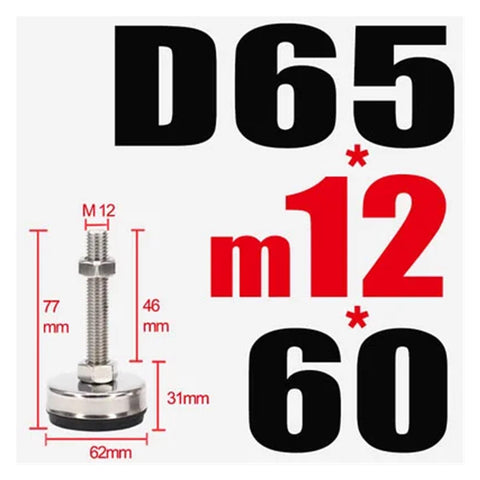 Four Pack Adjustable Stainless Steel Furniture Feet With Universal M8 M10 M12 M14 Threads And Grippy Rubber Base Glides Total Game Changer showing M12 thread dimensions.
