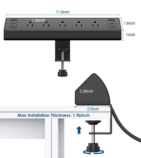 Desk Clamp Power Strip With USB C 40W Fast Charging 4 PD 20W Ports Edge Mount Surge Protector 5 Outlets Fits 1.96 Inch Desk Edge