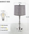 Set of 2 24.8 Inch Modern Table Lamps for Bedroom with Dual USB Charging Ports and 3 Way Dimmable Touch Control in Nickel Finish