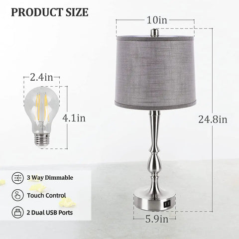 Set of 2 24.8 Inch Modern Table Lamps for Bedroom with Dual USB Charging Ports and 3 Way Dimmable Touch Control in Nickel Finish