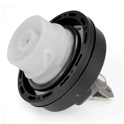 Side view of a locking gas cap with keyed lock for Jeep and Dodge SUVs and trucks, heavy duty fuel cap that keeps gas safe from thieves.