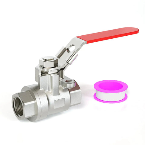 Heavy Duty One Half Inch FNPT Three Piece Ball Valve In 304 Stainless Steel With Red Handle For Industrial Piping and tape