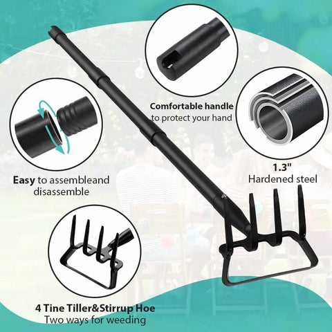 Dual Head Garden Hoe With Adjustable Handle For Weeding And Cultivation, One Side Four Tooth Rake Head For Loosening Soil, Other Side Sharp Blade For Weed Busting, Heavy Duty Metal Digger, Long Reach 30 To 62 Inch showing assembly and material details