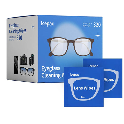 Icepac eyeglass cleaning wipes box, 320 individually wrapped lens wipes; front view with two blue sachets.