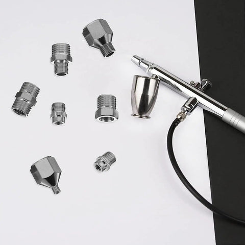 Seven Piece Airbrush Adapter Kit With Multi Size Fittings Including 1/8 In, 1/4 In And M5 BSP Threads, Metal Couplings and Airbrush