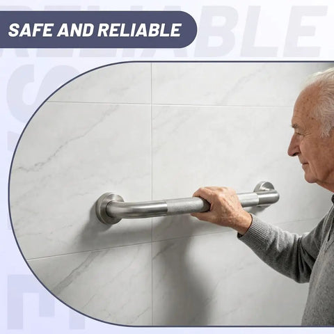 Close-up of a senior man gripping a 16 Inch Shower Grab Bars 2 Pack Brushed Nickel Safety Supports on a bathroom wall.