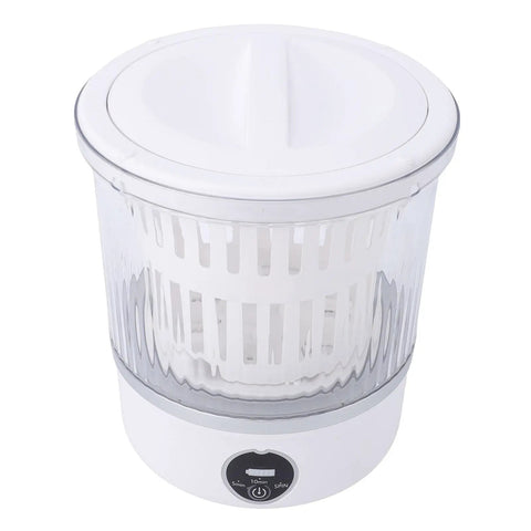 Cordless Portable Washing Machine With 3L Tank Led Touch Screen Plus 6000Mah Battery For Travel Camping And Road Trips Smooth On The Go Laundry Cleanup No Sweat Design top view of a compact white washing tumbler with a clear base.