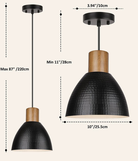 Industrial Hammered Metal Pendant Light Fixture, 10 Inch Adjustable Hanging Lamp With Black Shade and Wood Accent Detail