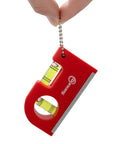 Two Piece Mini Magnetic Pocket Spirit Levels With Keychain And Storage Bag held in hand, showing red casing and glass vials.