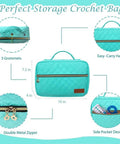 All In One Crochet Kit For Beginners With 14 Ergonomic Crochet Hooks 12 Yarn Skeins Stitching Tools Crochet Bag And Step By Step Guide In Bright Blue featuring a storage bag with handle and grommets