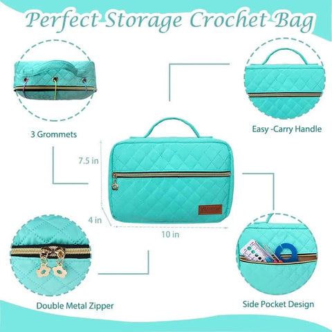 All In One Crochet Kit For Beginners With 14 Ergonomic Crochet Hooks 12 Yarn Skeins Stitching Tools Crochet Bag And Step By Step Guide In Bright Blue featuring a storage bag with handle and grommets