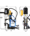 Front and side view of Champion RotoBrute AC35 MiniBrute magnetic drill press; blue body, black handles, yellow bottle.